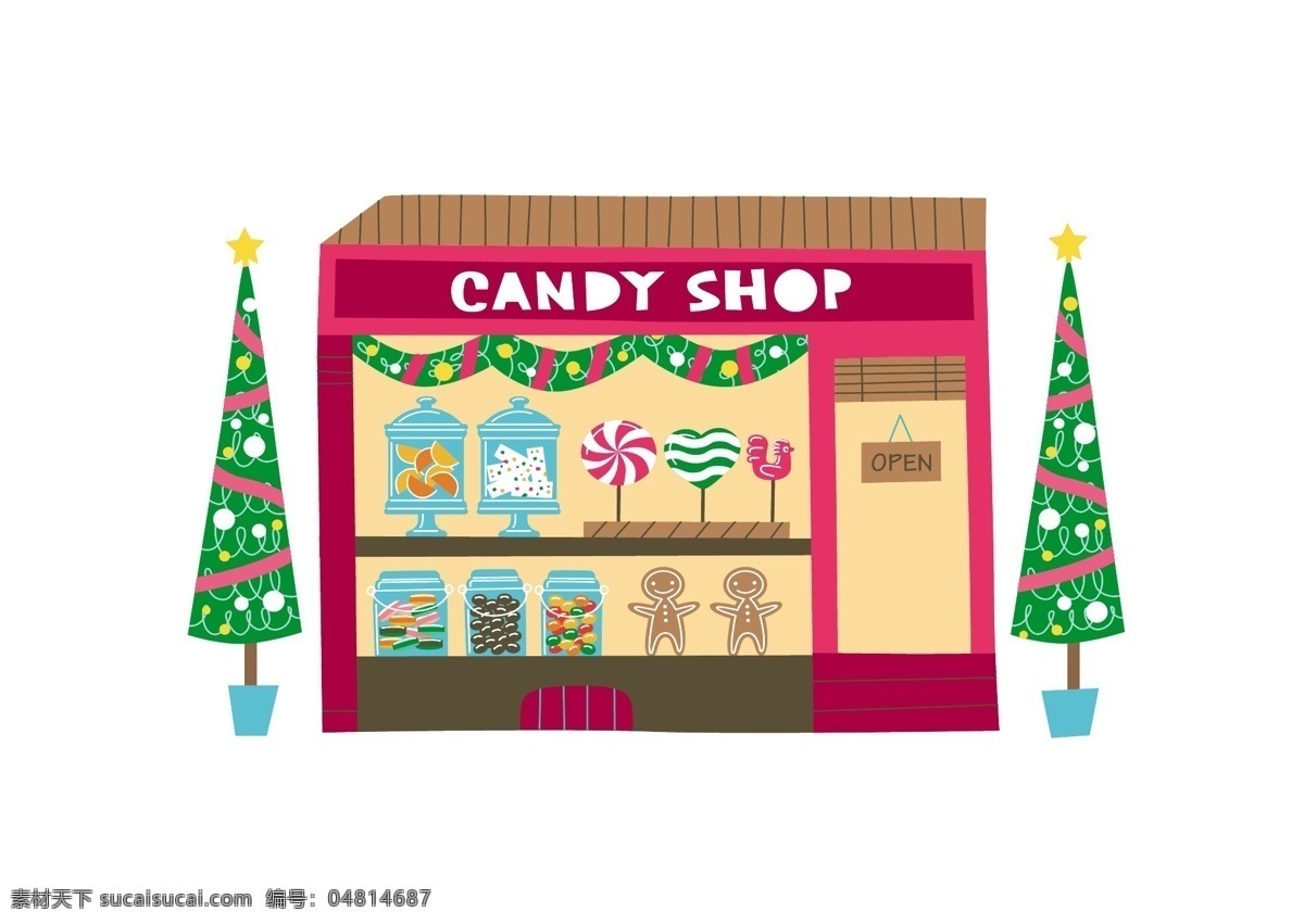 eps图案 彩色 卡通 卡通商店 设计素材 圣诞树 装饰图 商店 图案 元素