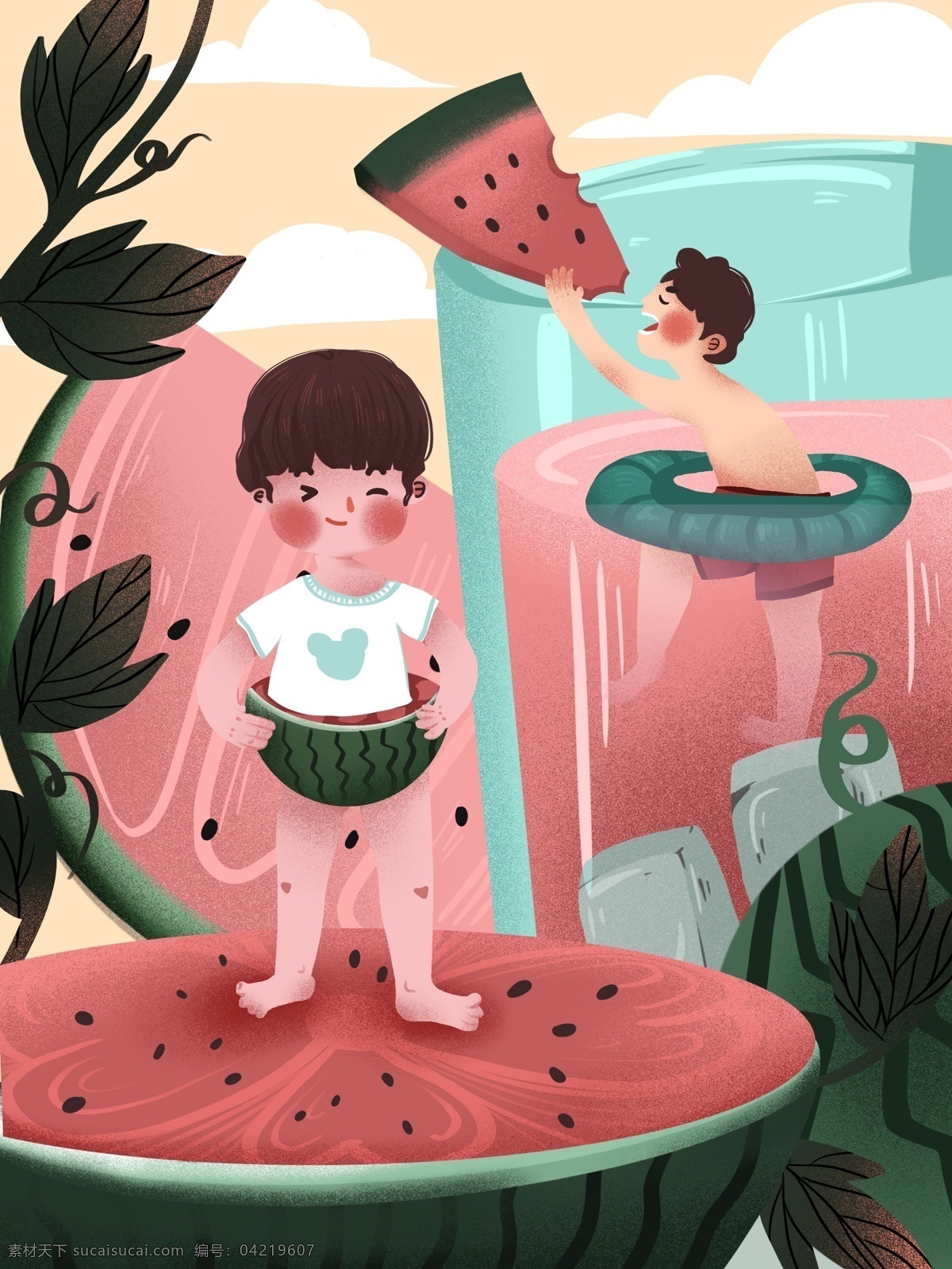 创意 水果 插画 西瓜 男孩 可爱 温馨 场景 游泳 冰块 果汁 创意水果插画 西瓜汁 萌