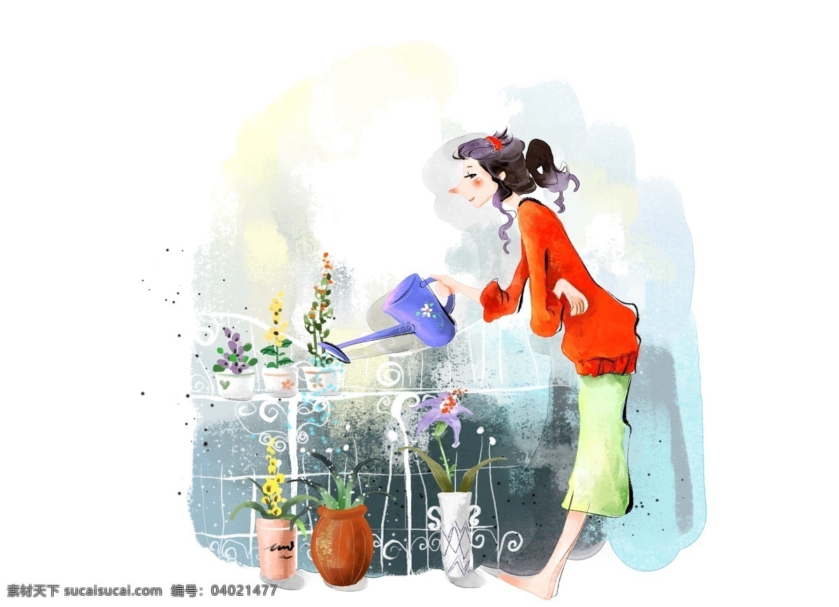 hanmaker 韩国 设计素材 库 背景 淡彩 浇花 卡通 漫画 女人 人物 psd源文件