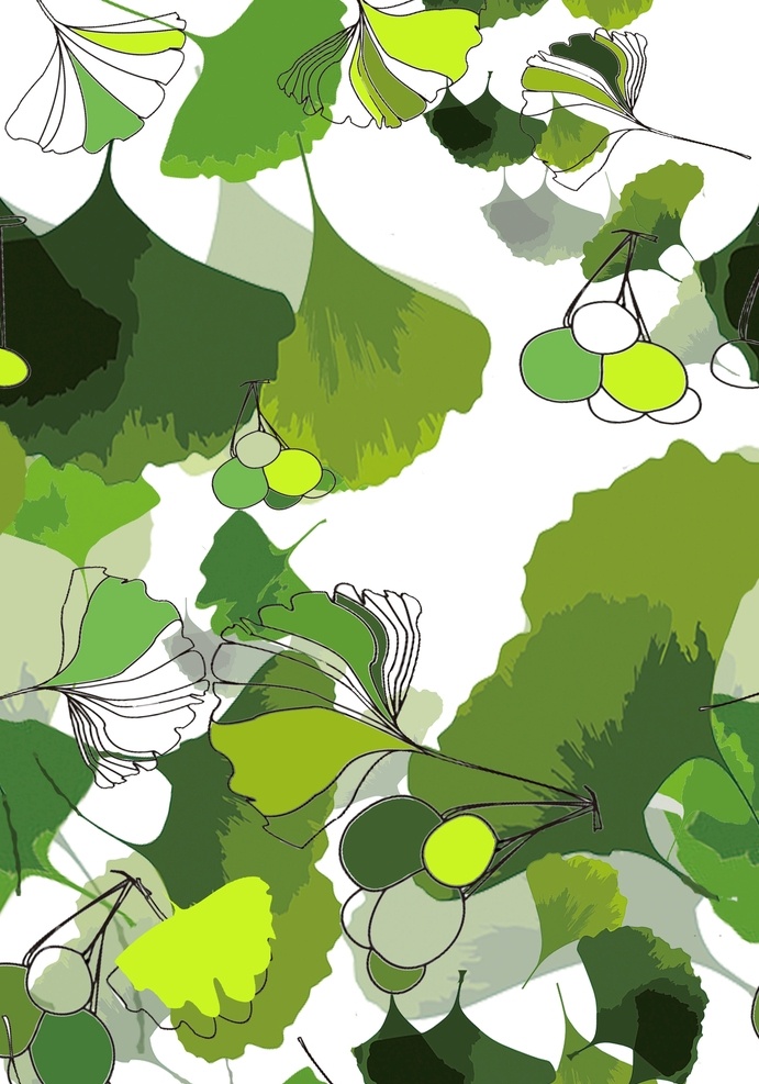 千 林 叶 图案 花型 银杏叶 果子 绿色 空间效果图 分层