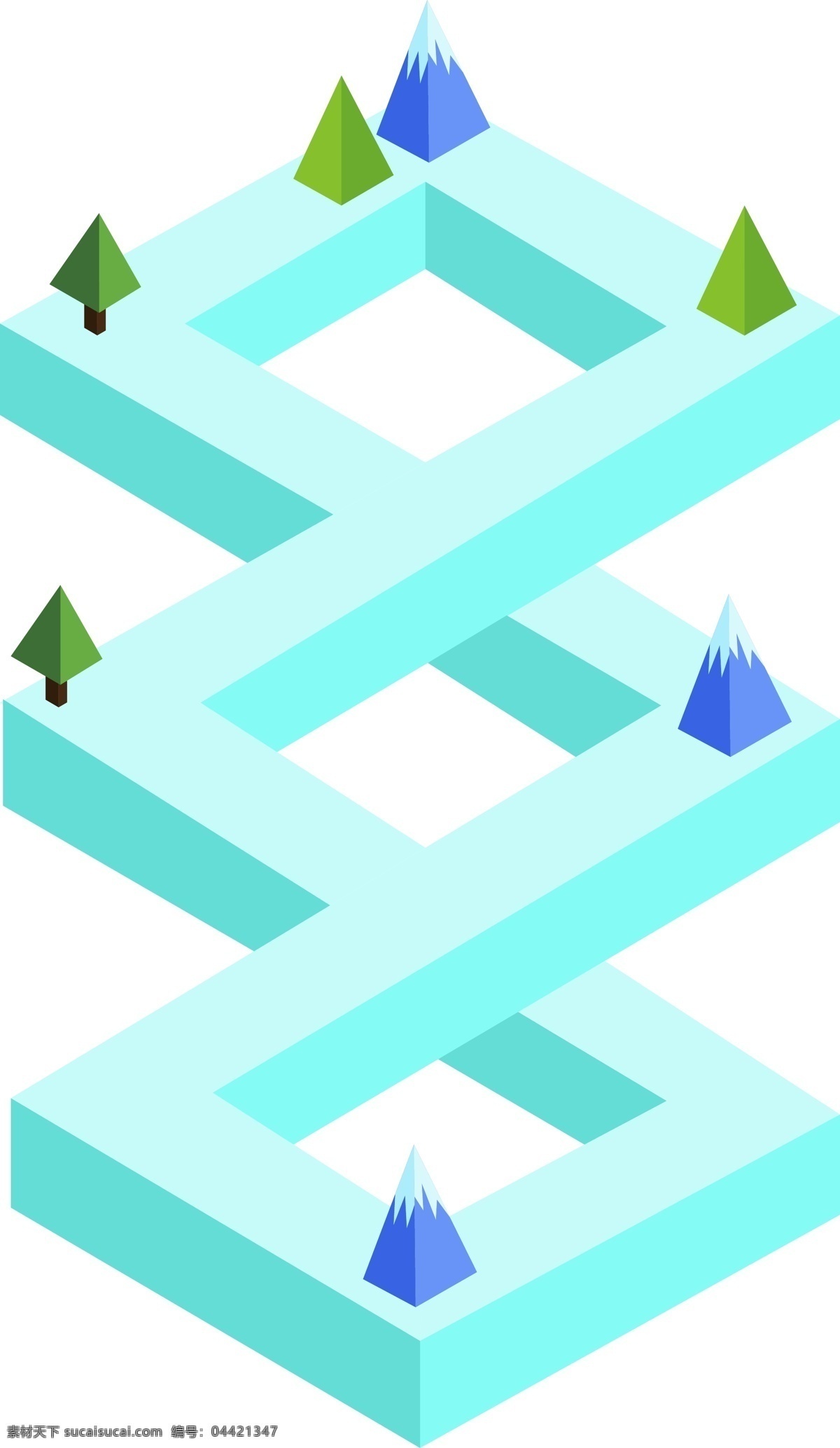 矢量 手绘 卡通 立体 形状 2.5d 正方形 树木 蓝色 紫色 绿色 褐色 地面 框架 结构 柱体 三角