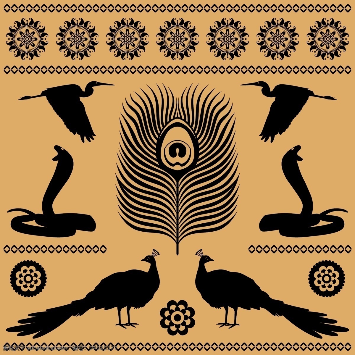 埃及 图腾 图案 矢量 例 花边 孔雀 轮廓 纹理 埃及眼镜蛇 矢量图 现代科技