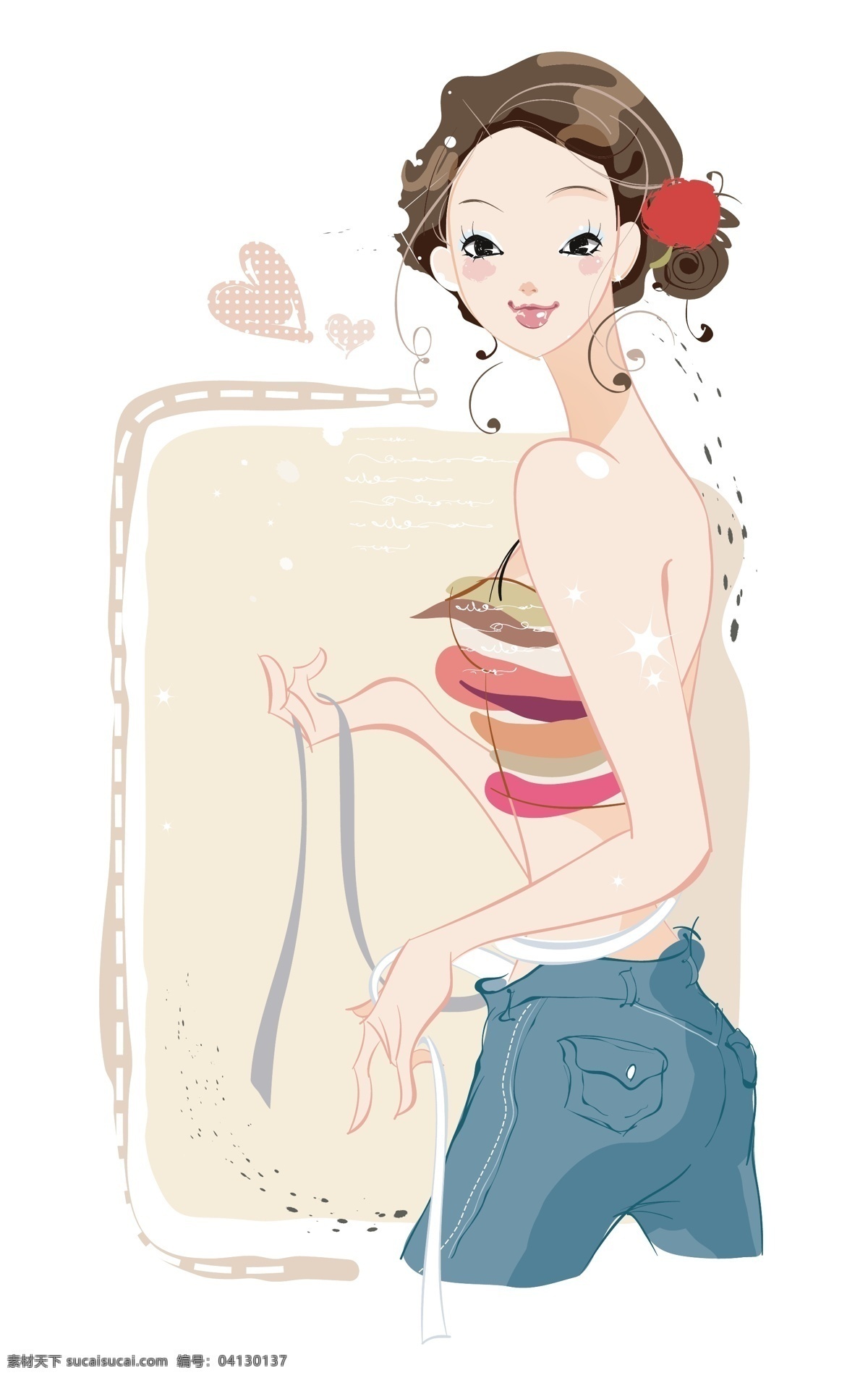穿 吊带 时尚 少女 背景 插画 韩国 花纹 卡通 美少女 手绘