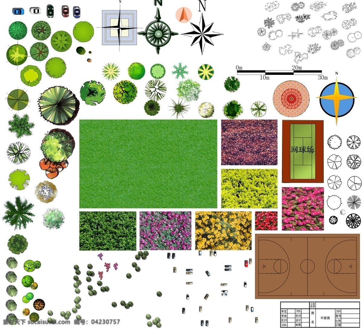 平面绘图辅物 指北针 景观树 花卉 汽车 球场 分层