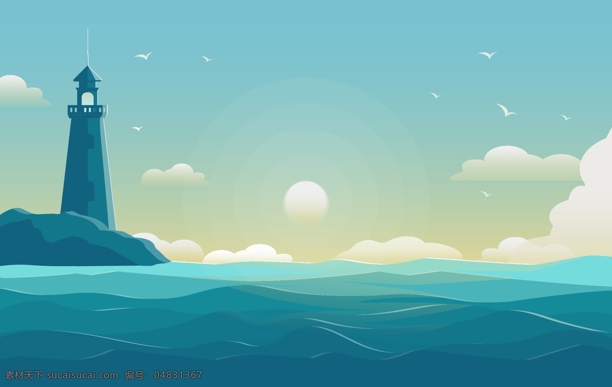 夕阳 下 海洋 灯塔 航海 矢量 源文件 设计素材 蓝海 大海 卡通 远航 海边 风景 扁平化 蓝色 广告 背景