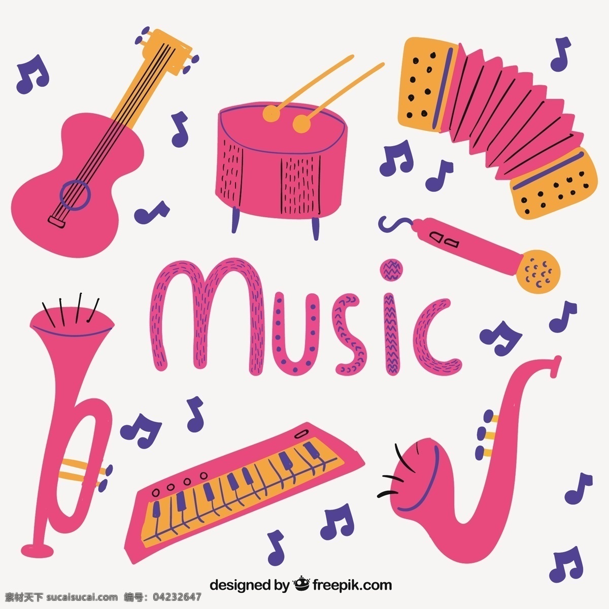 粉红色的乐器 音乐 手 吉他 手绘 粉红 钢琴 绘画 键盘 插画 乐器 鼓 喇叭 画 粗略的 白色