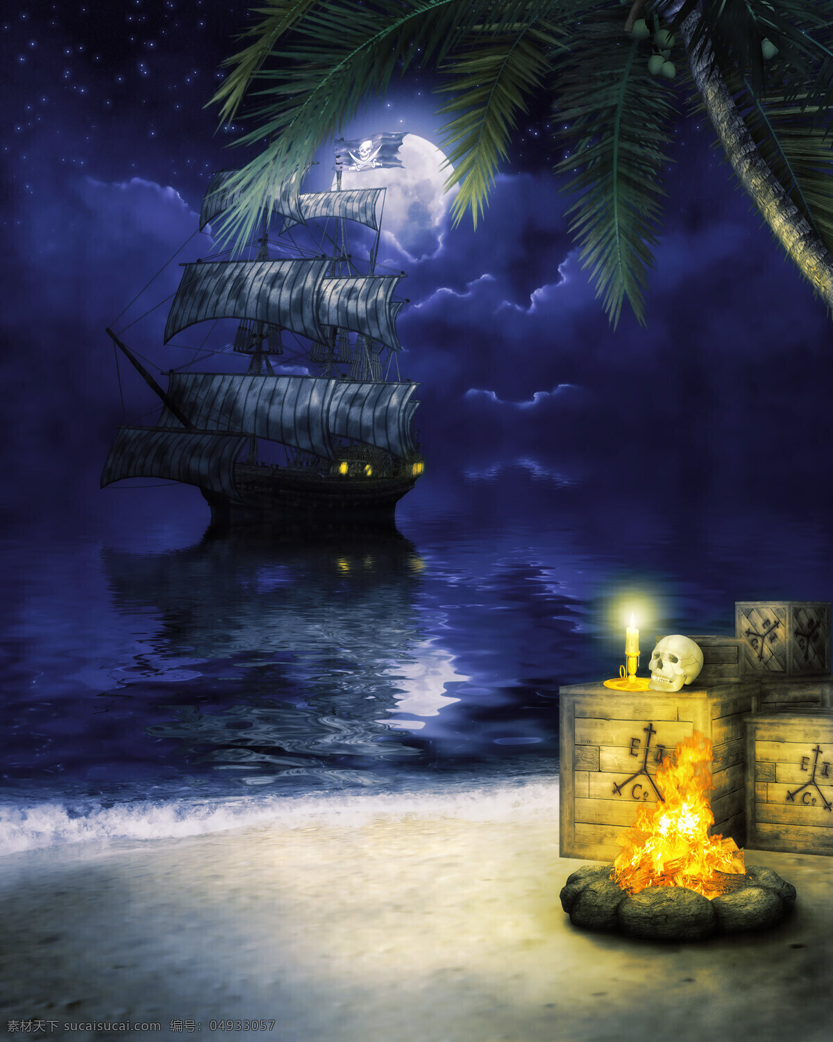 海盗船 沙滩风景 海滩风景 美丽风景 椰树 椰子树 骷髅 大海图片 风景图片