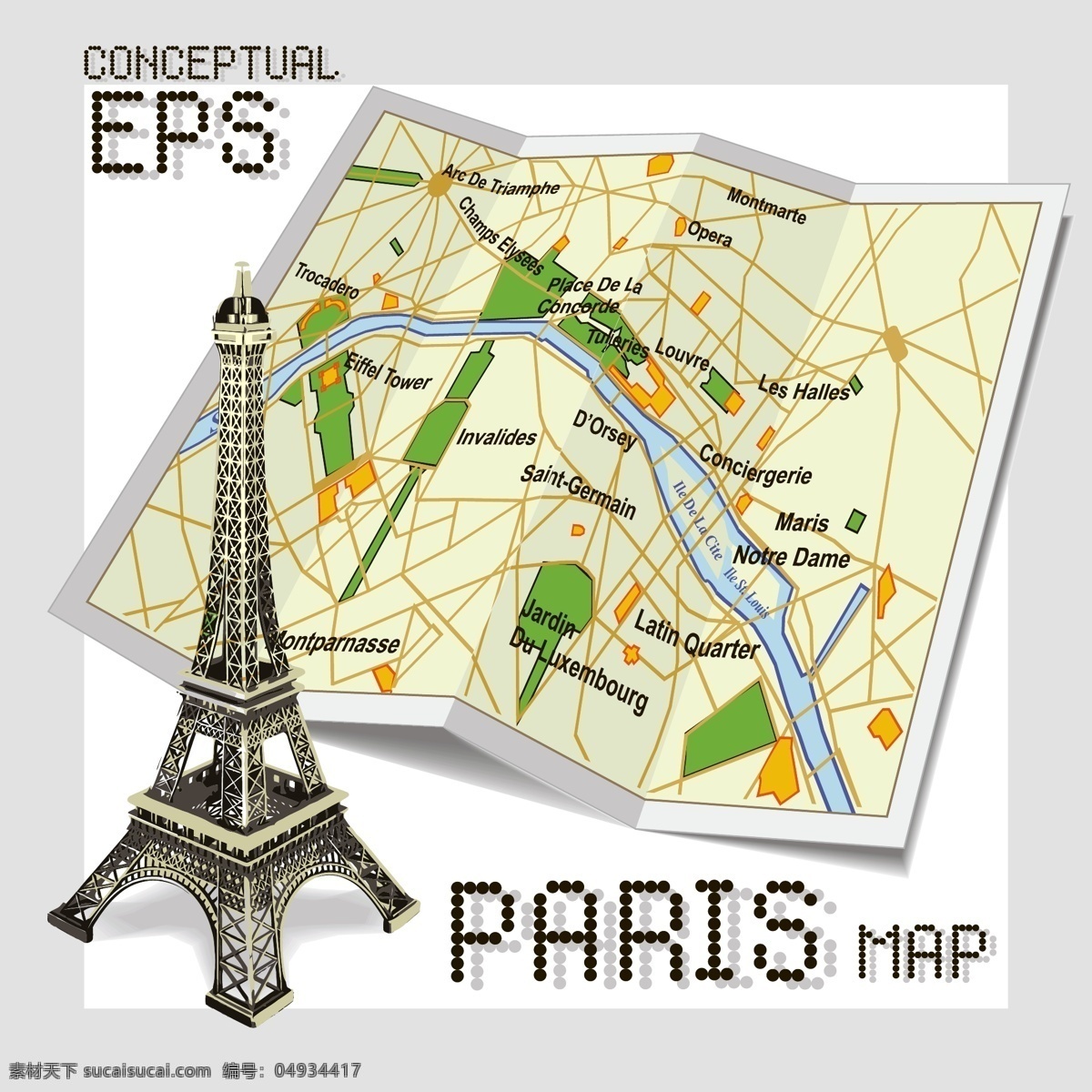时尚 法国 旅行 地图 插画 建筑 铁塔