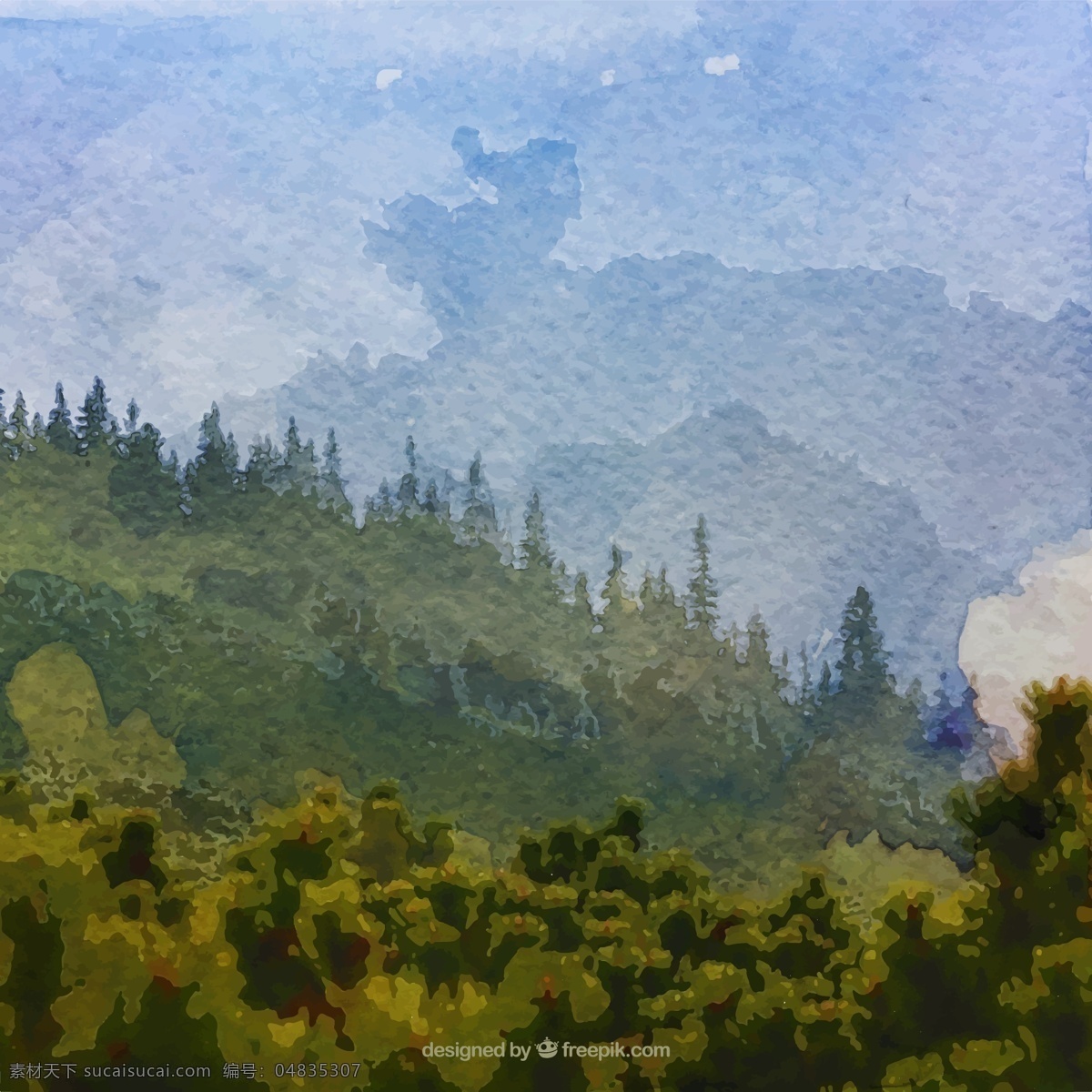 水彩 绘 森林 风景 矢量 自然 树林 矢量图