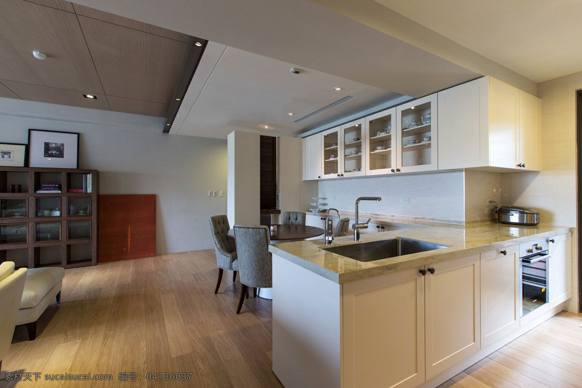 简约 时尚 开放式 厨房 效果图 开放式厨房 吊顶 白色射灯 灰色吊顶 木地板 洗菜盆