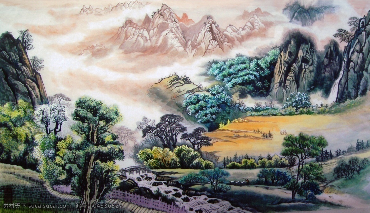 山水国画 万古长青 水山画 国画 松树 长青树 文化艺术 绘画书法 设计图库