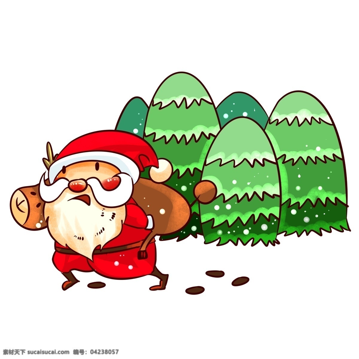 圣诞节 圣诞老人 背着 麋鹿 手绘 插画 手绘送礼物 礼物 圣诞节雪人 雪人 收礼 物 小朋友