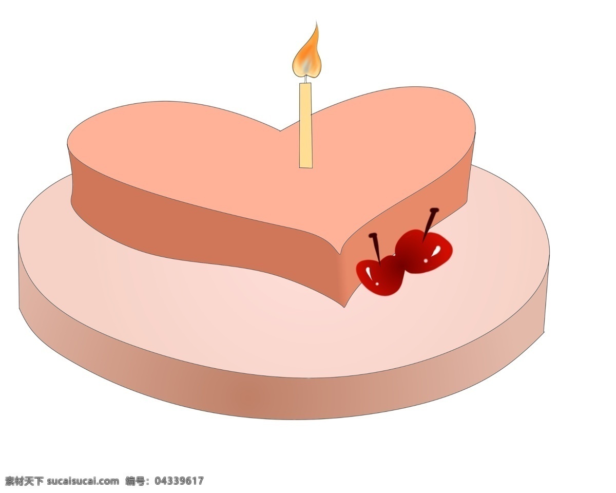 棕色 心形 蛋糕 图案 插图 黄色蜡烛 点燃的蜡烛 立体蜡烛 棕色蛋糕 心形蛋糕 红色樱桃 两个樱桃 水果樱桃