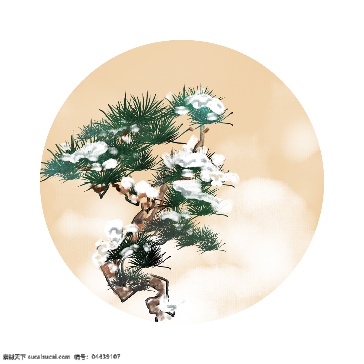 冬季 迎客松 圆形 边框 绿色的松树 圆形的边框 卡通边框 手绘圆形边框 冬季圆形边框 落雪的松树