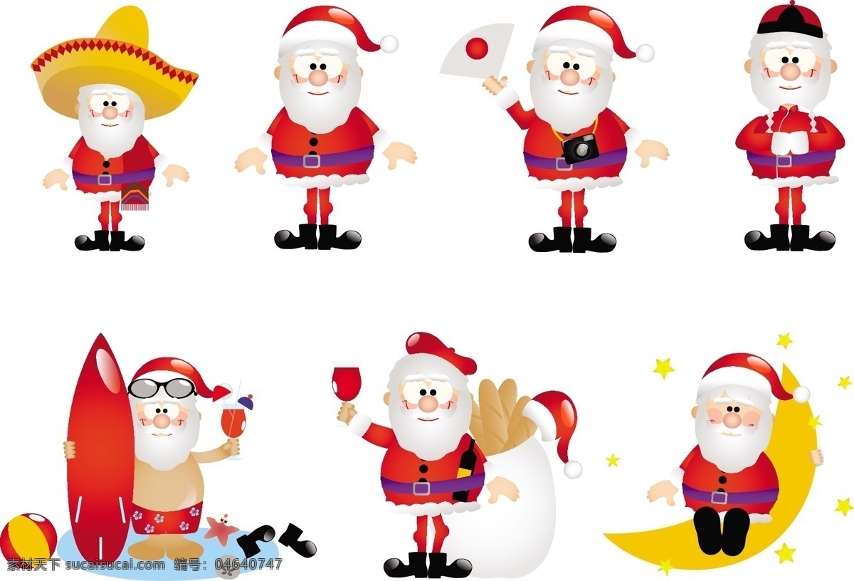 卡通 圣诞老人 克劳斯 矢量 草帽 礼品 麋鹿 圣诞节 星星 雪橇 雪人 月亮 圣克劳斯 向量