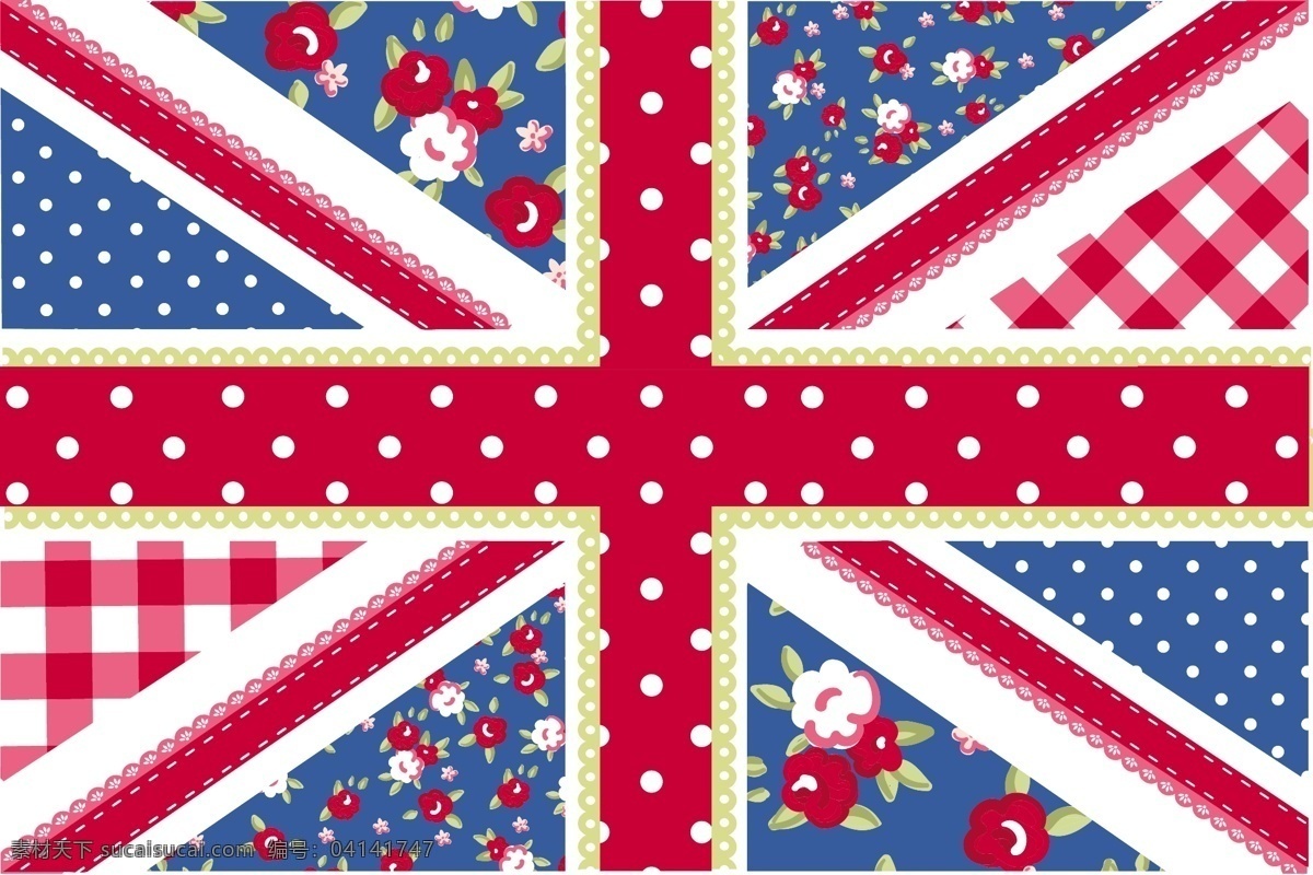 可爱 英国 国旗 破旧 风格 别致 花 矢量图 花纹花边