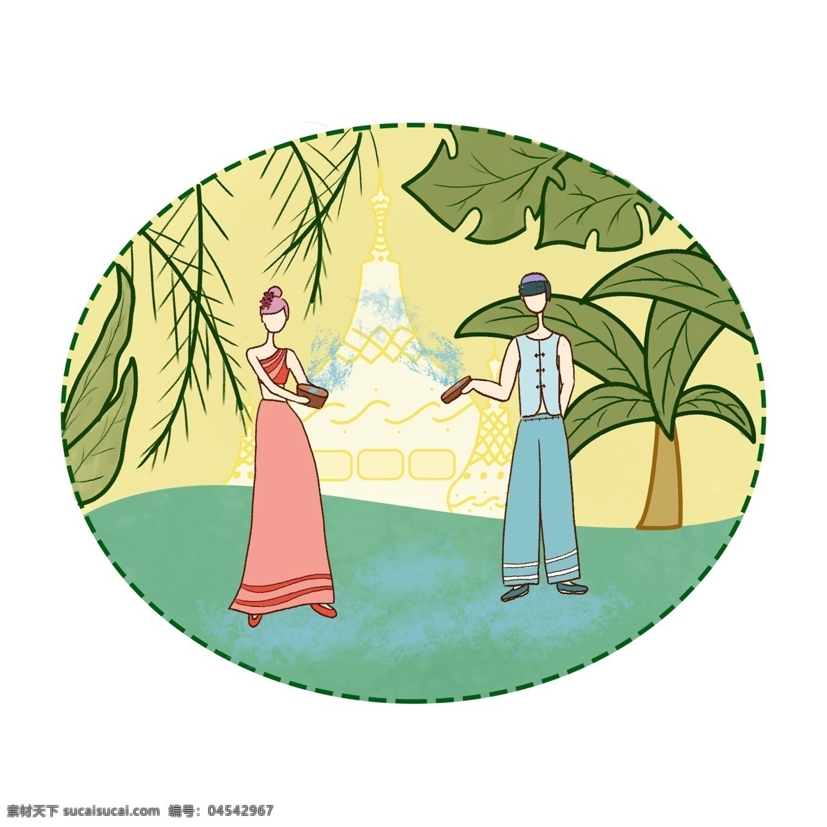 泼 水 场景 傣族 人物 卡通 手绘 泼水
