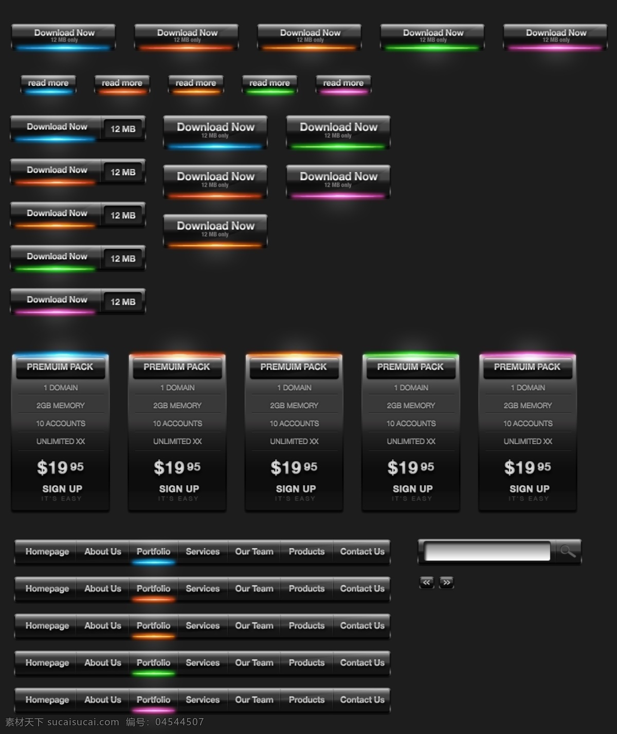 分层 按钮 彩色 导航 发光 翻页 高光 黑色 水晶 质感 网页 元素 模板下载 下拉菜单 搜索框 源文件 网页素材 网页模板
