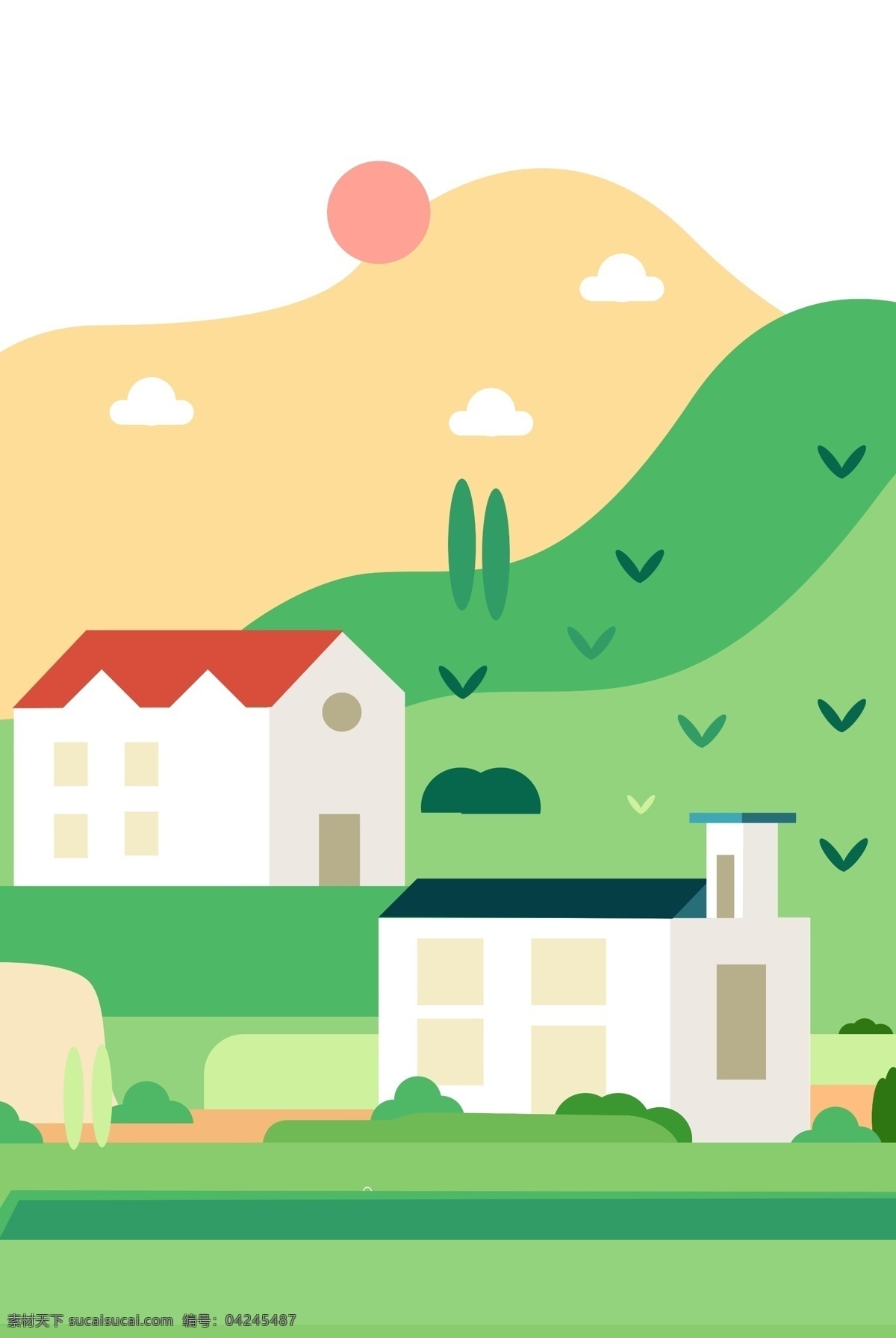 手绘 乡村 插画 海报 背景 生活 房子 房屋 建筑 山坡 草地 草坪 绿色 小草 太阳 白云 云朵