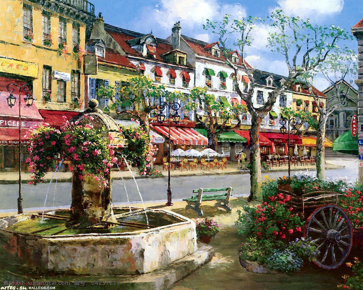 欧洲小镇 欧洲 小镇 油画 喷泉 美图 动漫动画 风景漫画