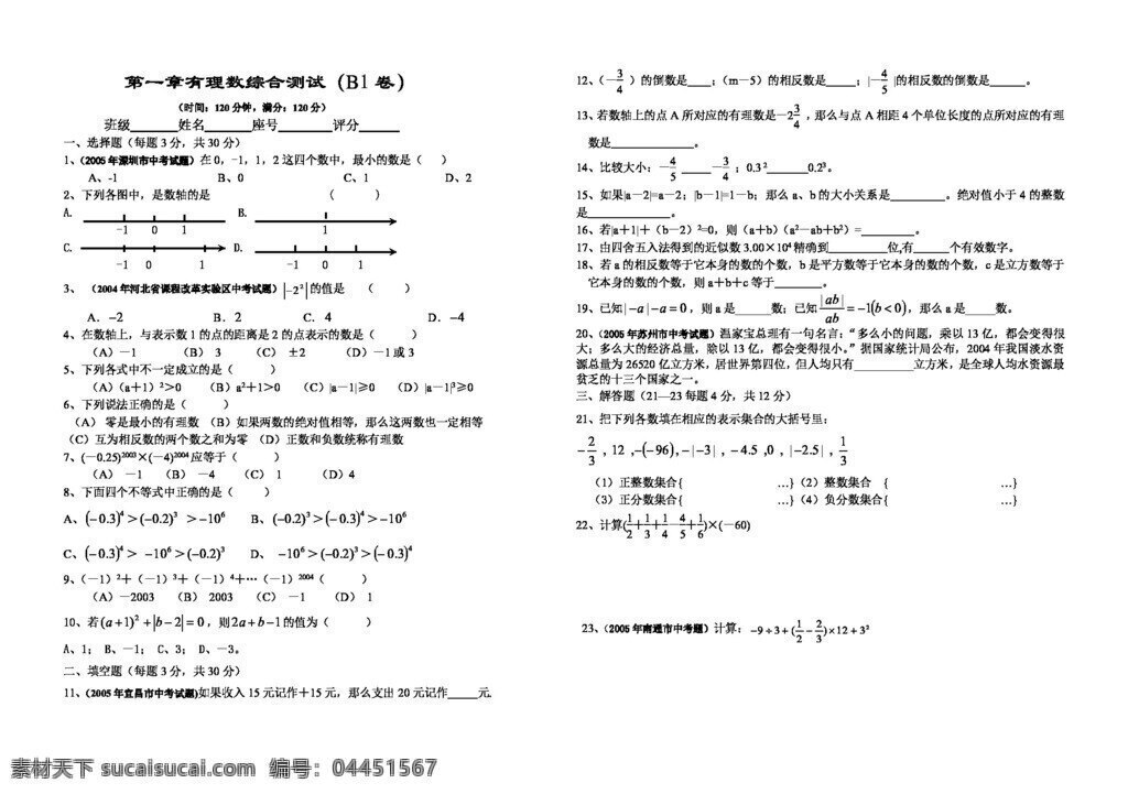 数学 七 年级 上 章 有理数 综合 测 套 七年级上 人教版 试题试卷