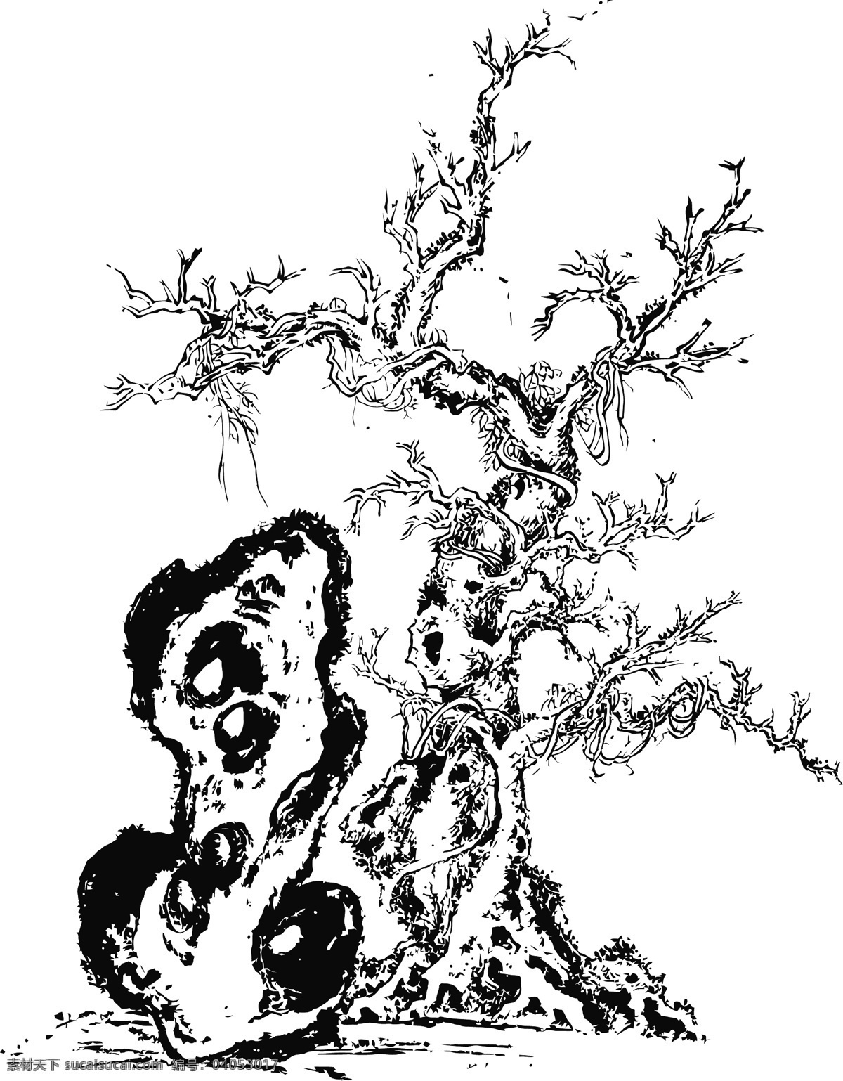 怪石古树枝桠 怪石 古树 嶙峋 线描 矢量 雕刻 枝桠 线描山水 自然景观 自然风光