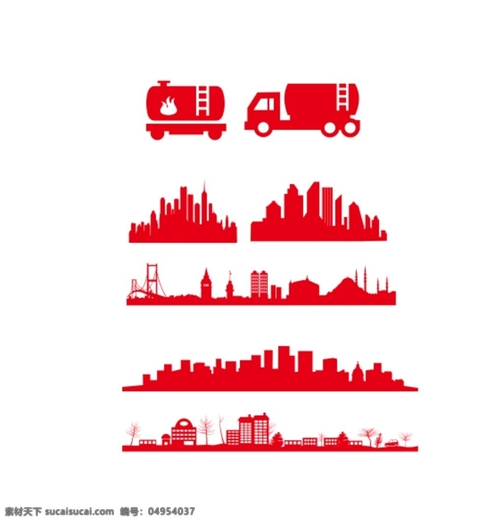 城市剪影 红色 插画 城市 城市黑白照 现代城市 大厦 高楼