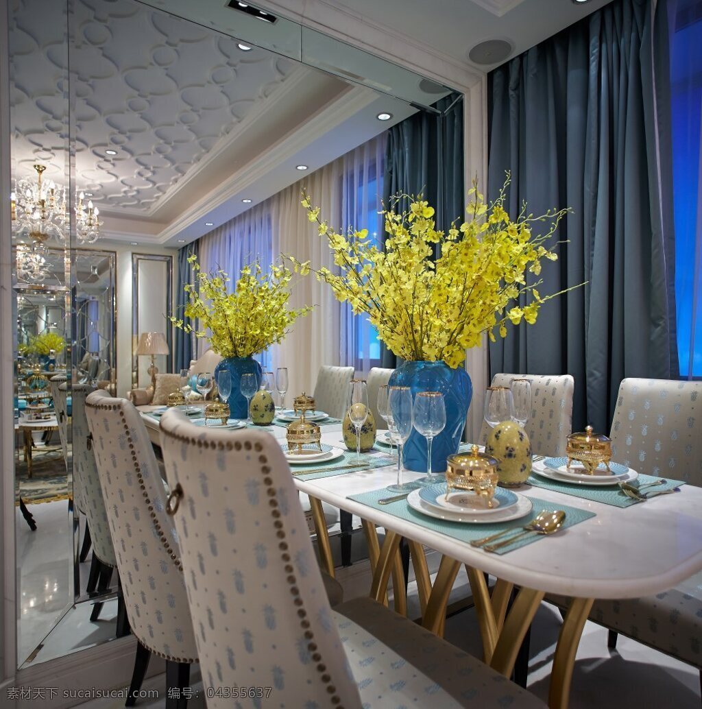 室内 餐厅 餐桌 欧式 田园 风格 装修 效果图 现代 简约餐桌椅 黄色 清新园艺