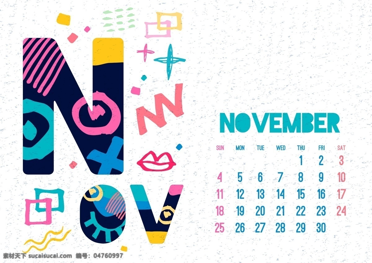 十一月 2018 年 日历 矢量 挂历 节日 艺术 矢量素材 月份 彩色 卡通 幻彩 日程 设计素材 平面素材
