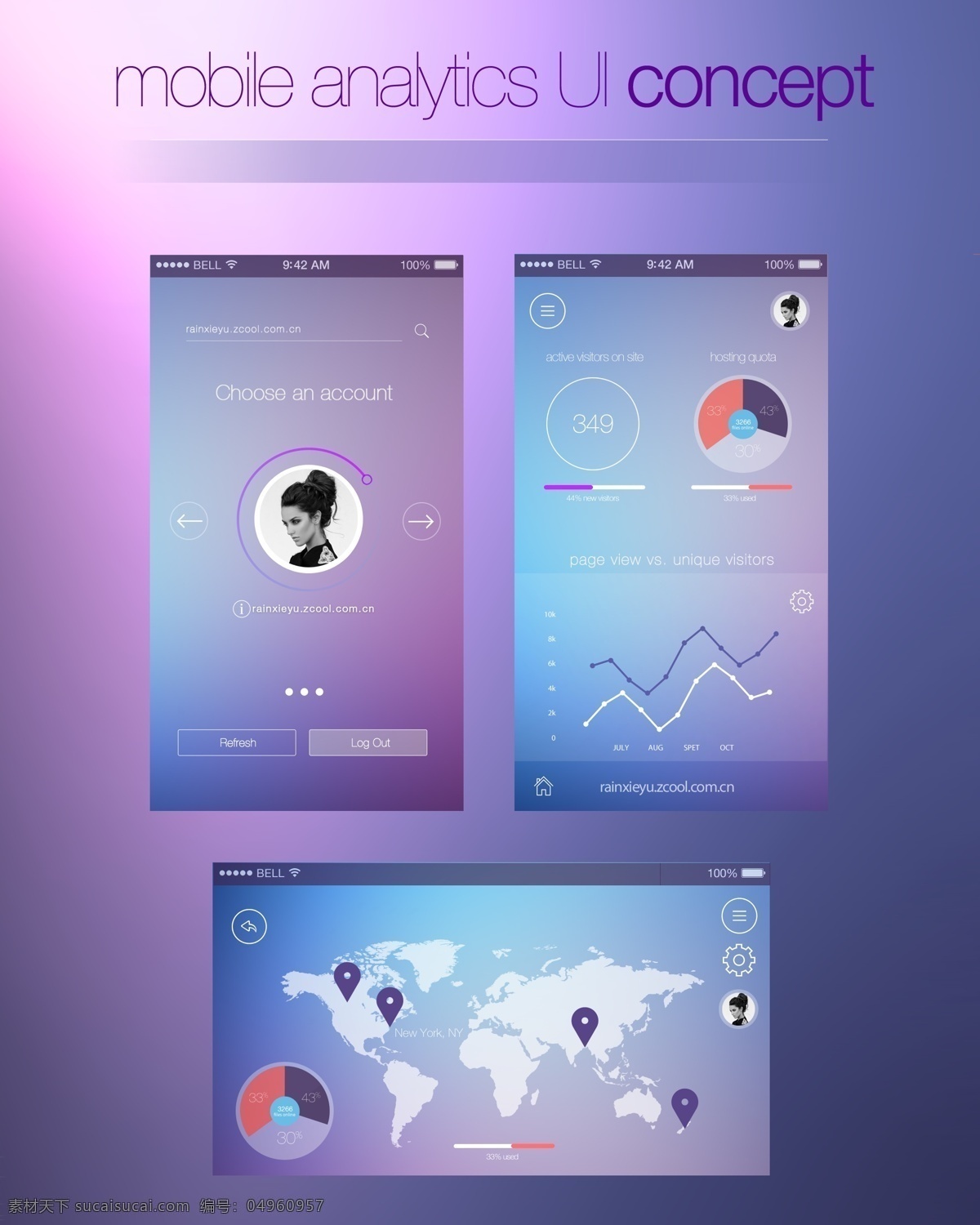 手机界面 紫色 套 数据 图表 世界 移动界面设计 蓝色