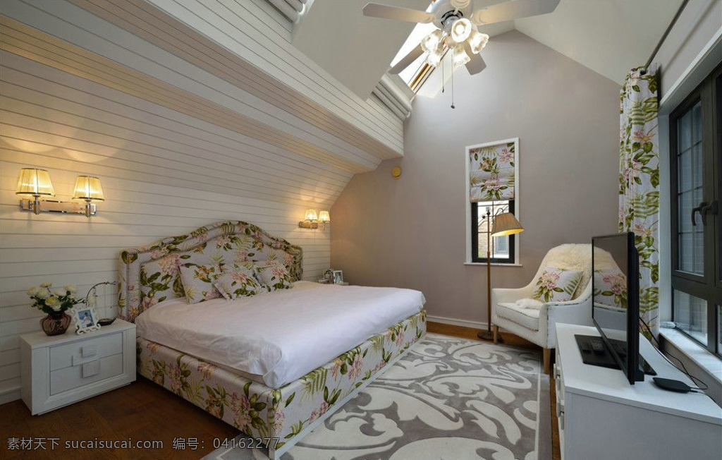 美式 温婉 卧室 木地板 室内装修 效果图 白色吊灯 白色书桌 白色背景墙