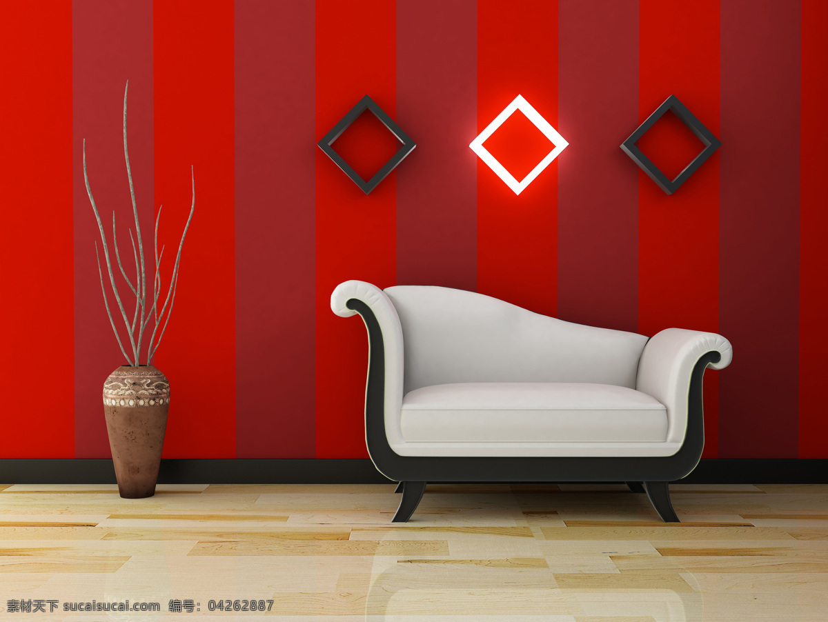 简约 红色 家居装饰 红色家居 沙发 墙壁 相框 工艺品