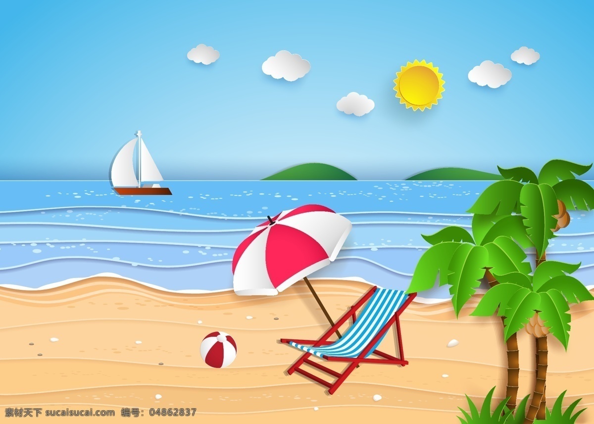 夏天 大海 度假 风景 插画 白云 帆船 沙滩 太阳 椰树