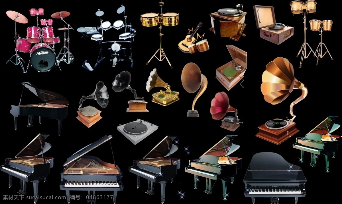 音乐 钢琴 唱机 架子鼓 唱片 精细 精致 设计素材 设计元素 摄影素材 音乐素材 唱片机 音乐盒 高脚鼓 psd源文件