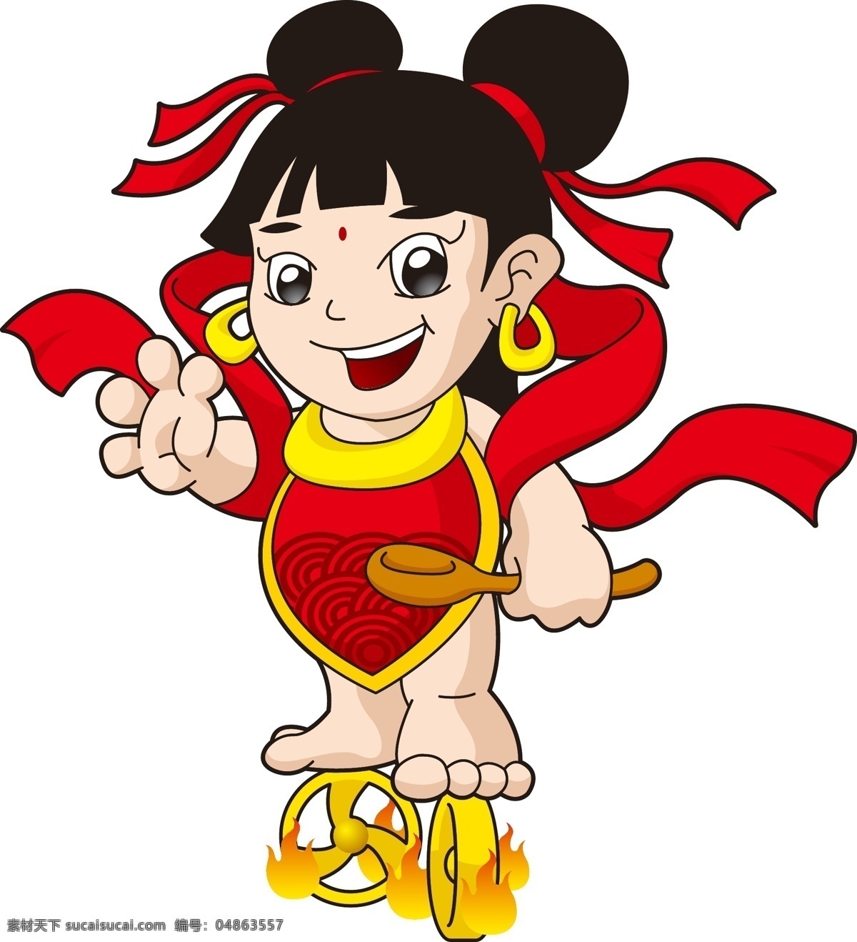 哪吒 企业 卡通 吉祥物 中国风 人物 餐饮 风火轮 笑容 勺子 红绸子 肚兜 耳环 食物吉祥物