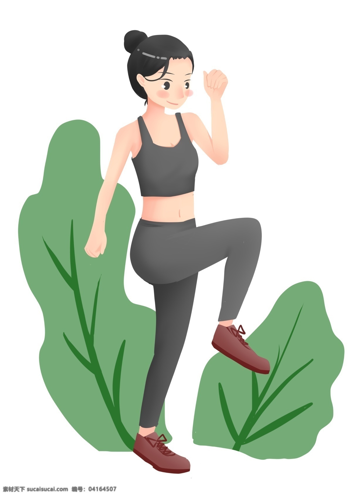 健身 运动 卡通 插画 漂亮的女孩 健身运动 卡通插画 体育运动 活动筋骨 加强锻炼 绿色的叶子