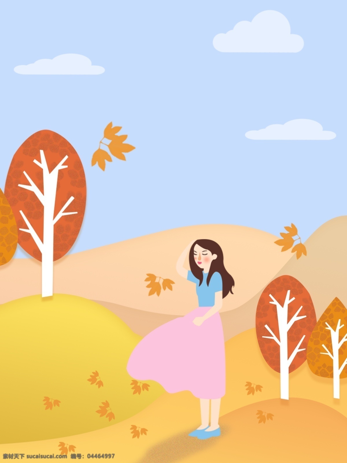 原创 秋分 插画 女孩 枫叶 飘落 背景 广告背景