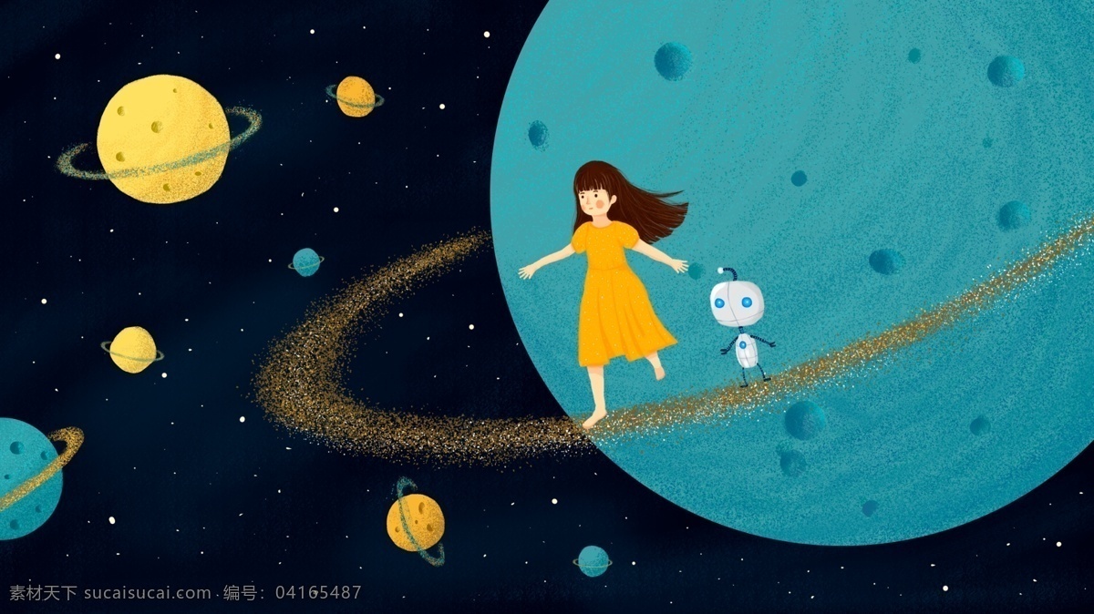 宇宙 探险 噪 点 插画 中 漫步 女孩 机器人 星球 噪点