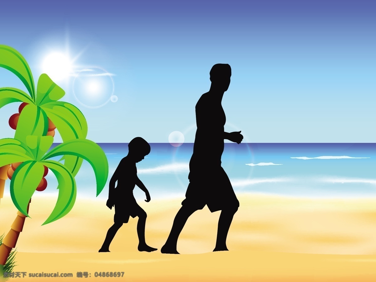 一个 父亲 儿子 海滩 享受 日落 剪影 青色 天蓝色