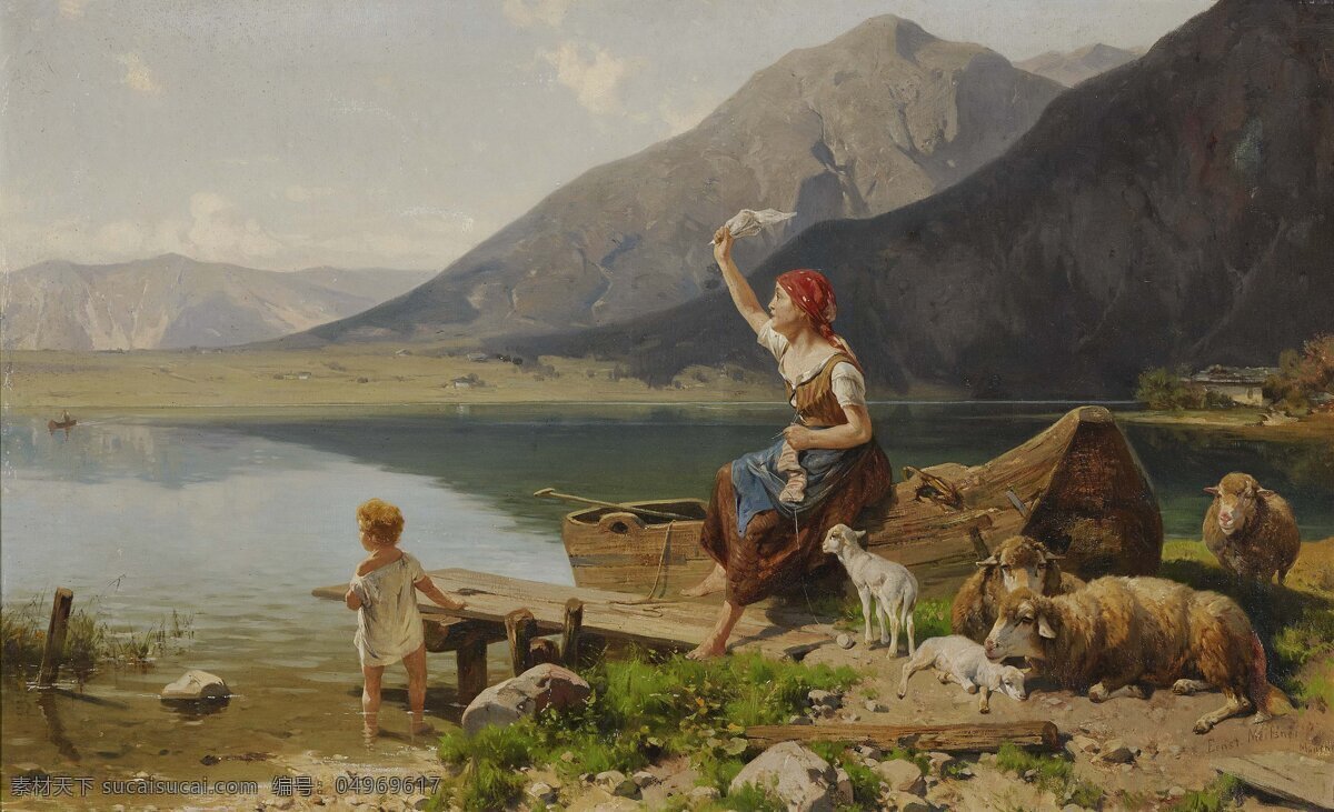 厄 恩斯特 迈斯纳 作品 德国画家 妇女 坐在岸边 远方的人 挥手 小孩 19世纪油画 油画 文化艺术 绘画书法