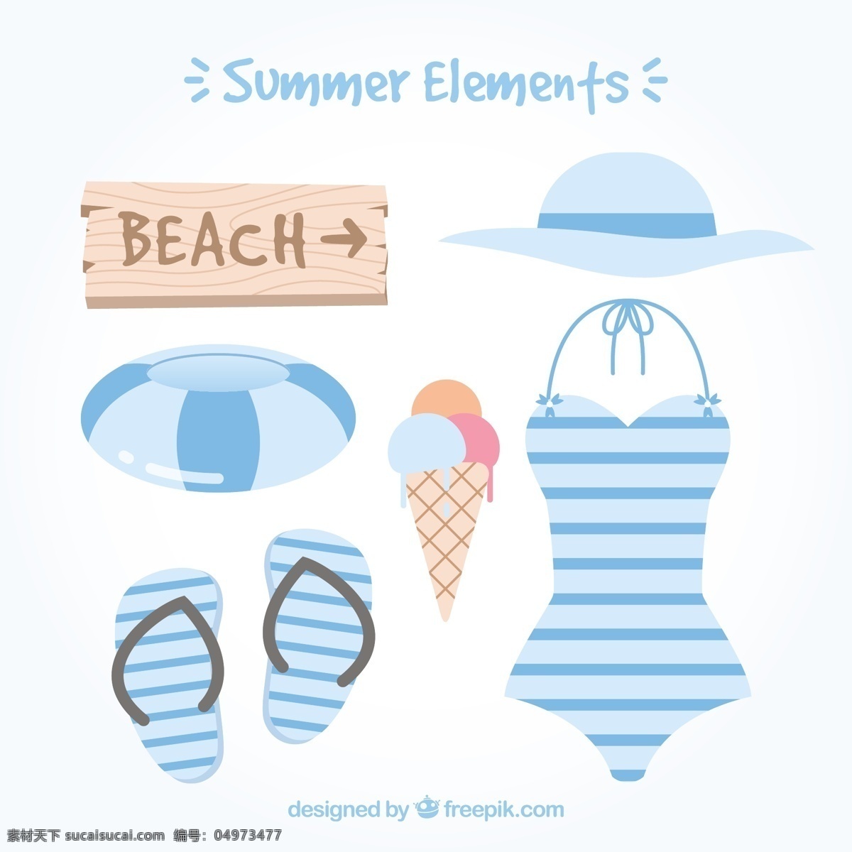 夏季 用品 种类繁多 海洋 海滩 冰淇淋 色彩 节日 标志 平面 冰 帽子 颜色 粉彩 平面设计 度假 奶油 元素 夏季海滩 季节 泳装