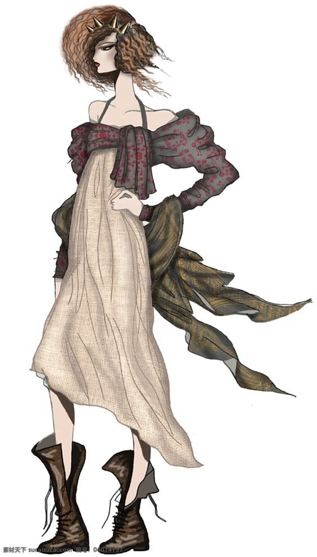 个性 时尚 花纹 背心 裙 女装 效果图 背心裙 长靴 服装设计 服装效果图