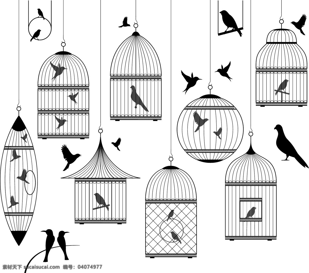 黑白 鸟笼 鸟 矢量 黑白鸟 鸟笼矢量图 鸟矢量图 动漫动画