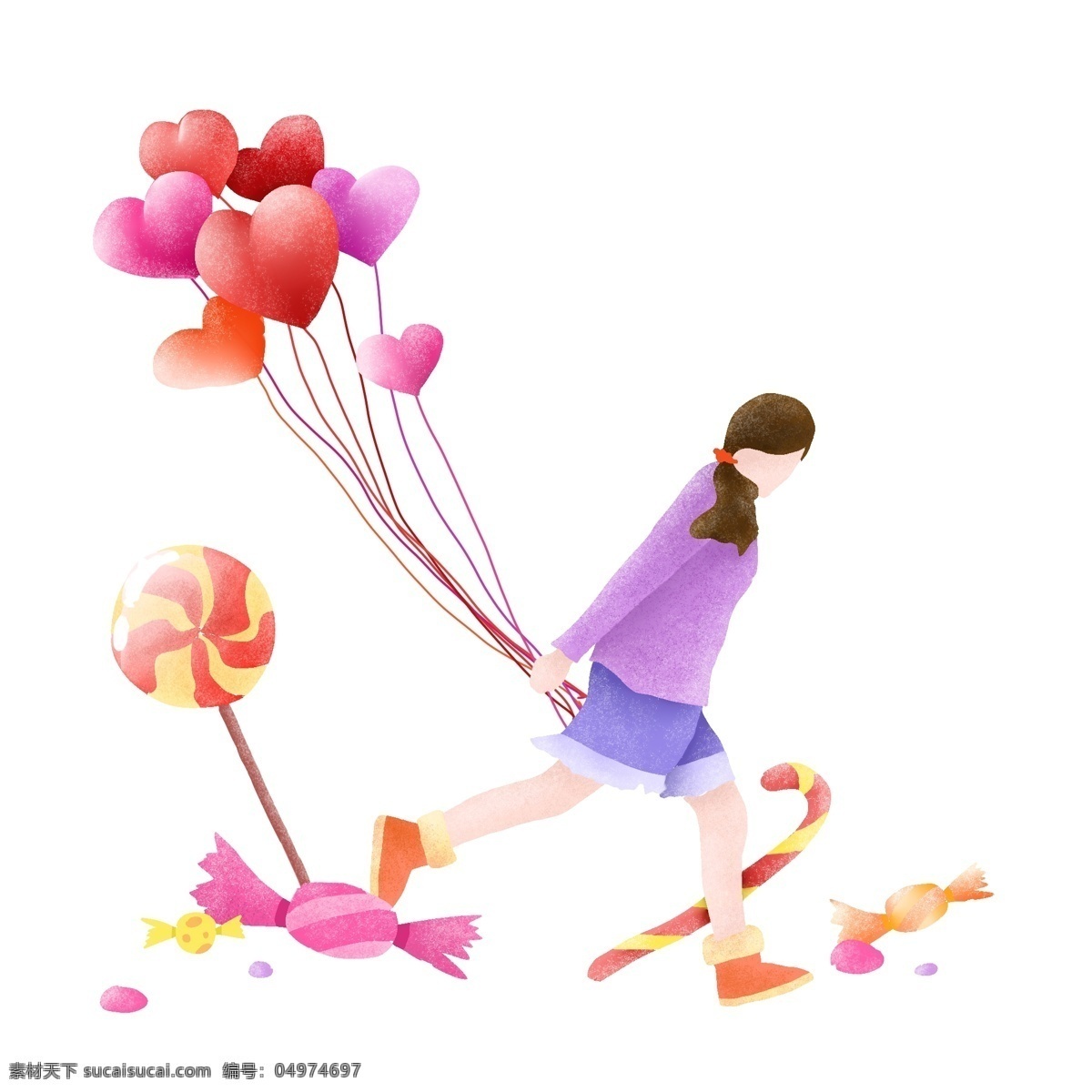 春季 漂亮 女孩 气球 春季人物插画 漂亮的小女孩 爱心气球 红色的棒棒糖 卡通人物 糖果插画