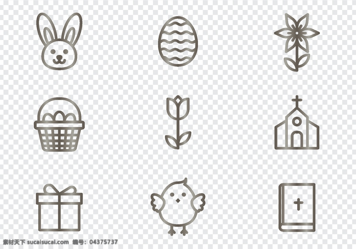 手绘 复活节 图标 复活节图标 图标设计 线性图标 兔子 小鸡 复活蛋 花卉 花朵 教堂 礼物