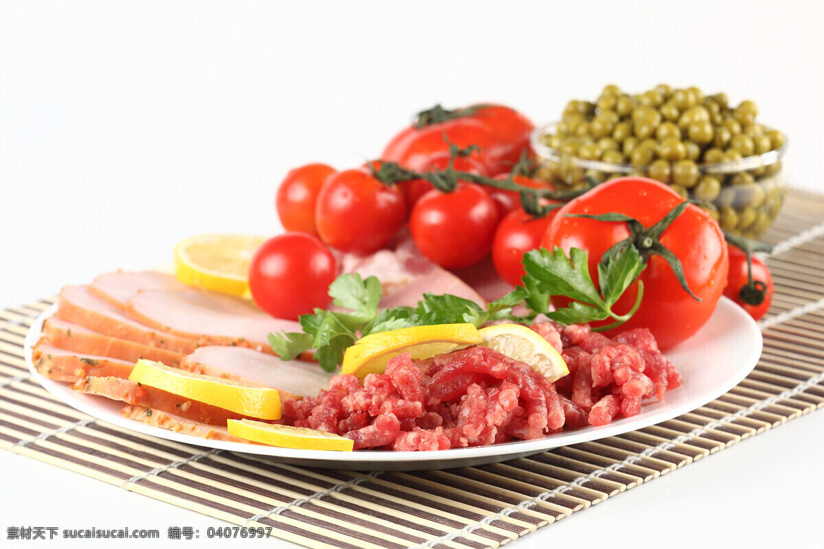 盘子 瘦肉 西红柿 精肉 番茄 青豆 新鲜蔬菜 果实 水果蔬菜 餐饮美食 蔬菜图片
