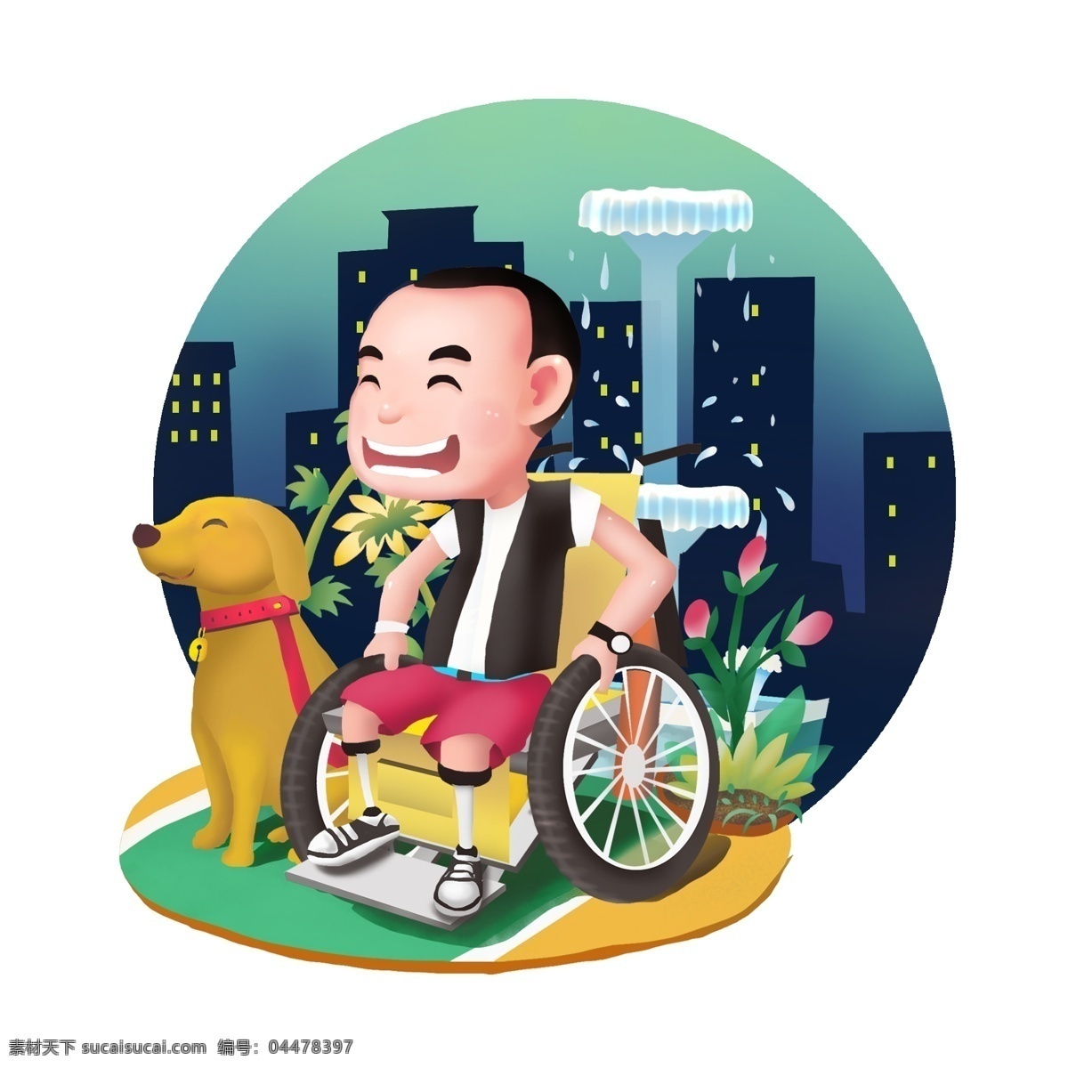 商用 高清 手绘 各种 残疾人 轮椅 上 毅力 卡通人物 狗狗 可商用 鲜花