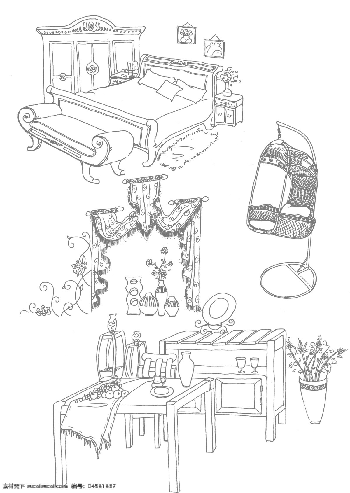 手绘线描家具 家具 欧式套房 窗帘 藤椅 实木餐桌 线描 分层 源文件