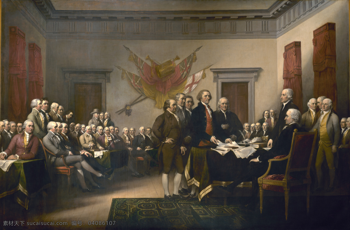 美国独立宣言 艺术品收藏 人物 帆布油画 代表 站立 签属 文件 桌椅 地板 地毯 墙壁 旗帜 绘画书法 文化艺术