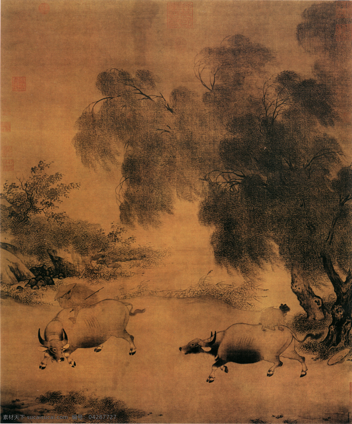 风雨归牧图 山水画 中国 古画 中国古画 设计素材 山水名画 古典藏画 书画美术 棕色